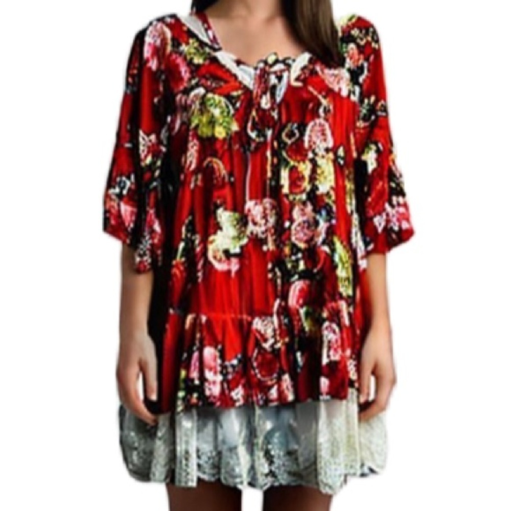 Umgee Floral Boho Top Size Large Blouse Cottagecore Lace Hem Flowy Women’s Top - Picture 5 of 16